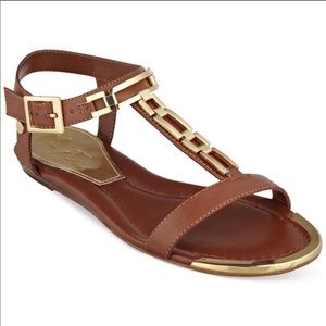 Marc Fisher T Strap Sandals, Brown&Gold, 6.5